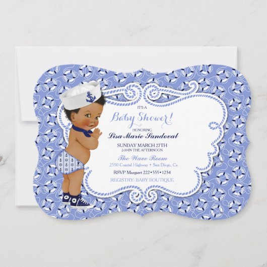 Invitation Thème marin bébé garçon bleu et blanc (Devant)