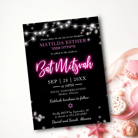 Invitation Thème néon rose chaud pour Bat Mitzvah