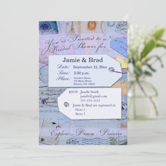 Invitation Thème nuptiale de douche de voyage dans bleu-clair (Debout devant)