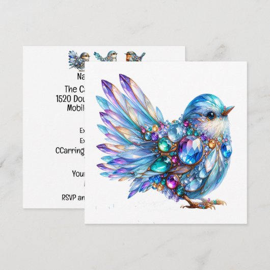 Invitation Thème Oiseaux Brillants Précieux (Devant / Derrière)