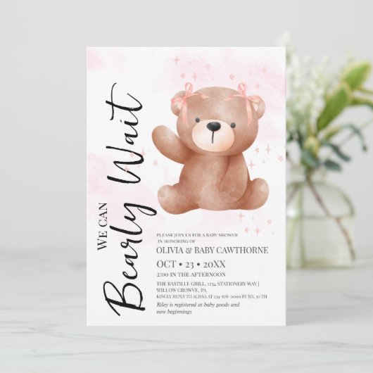 Invitation Thème Ourson Mignon Fête de Naissance Bébé Fille (Debout devant)