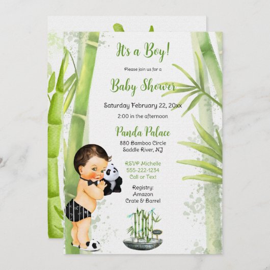 Invitation Thème Panda Bamboo Bébé Garçon Noir Blanc Vert (Devant / Derrière)