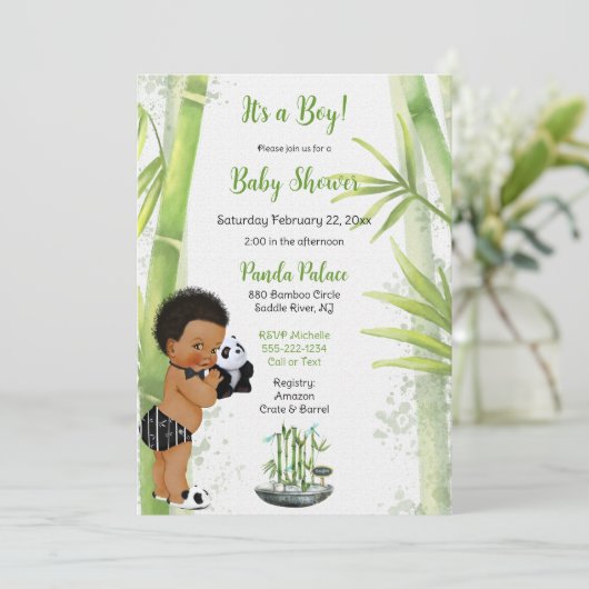 Invitation Thème Panda Bamboo Bébé Garçon Noir Blanc Vert (Debout devant)
