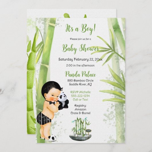 Invitation Thème Panda Bamboo Bébé Garçon Noir Blanc Vert (Devant / Derrière)