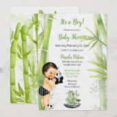Invitation Thème Panda Bamboo Enfant Garçon Noir Blanc Vert (Devant / Derrière)