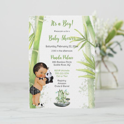 Invitation Thème Panda Bamboo Garçon Noir Blanc Vert (Debout devant)