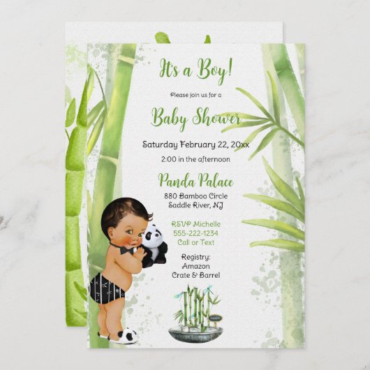 Invitation Thème Panda Bamboo Garçon Noir Blanc Vert (Devant / Derrière)