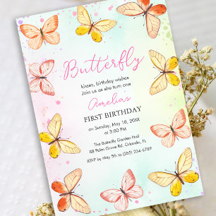 Invitation Thème Papillon Fille 1er Anniversaire Aquarelle Ro