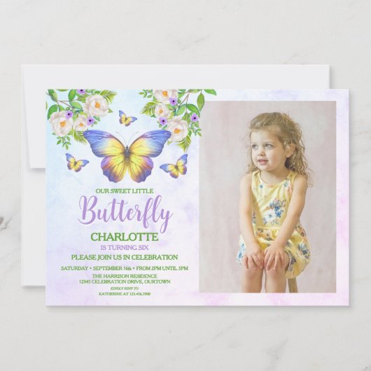 Invitation Thème papillon Fille d'anniversaire (Devant)