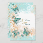 Invitation Thème papillon mariage aqua or (Devant / Derrière)