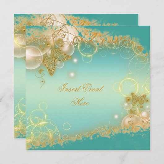 Invitation Thème papillon or turquoise (Devant / Derrière)