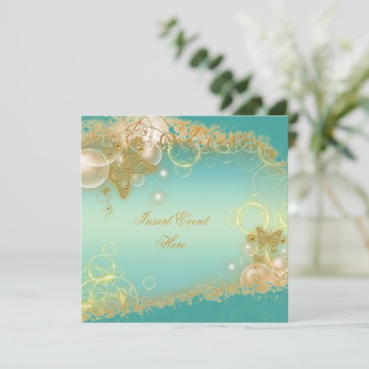 Invitation Thème papillon or turquoise (Debout devant)