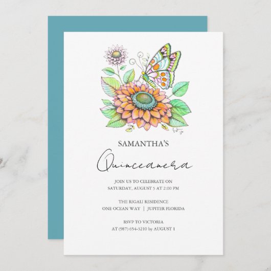 Invitation Thème papillon Quinceanera Party (Devant / Derrière)