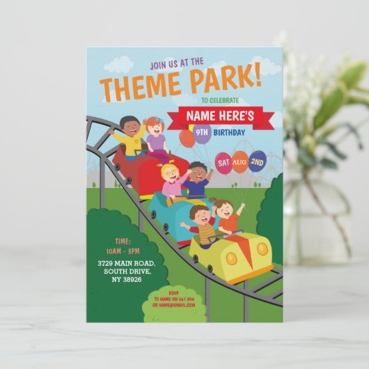 Invitation Thème Park Rollercoaster Rides Anniversaire (Debout devant)