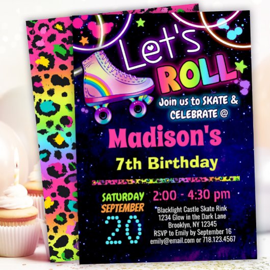 Invitation Thème patin à roulettes Léopard Arc-en-Ciel 90s