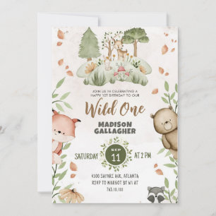 Invitation Thème Personnalisé Wild One Rose Green Animaux bla