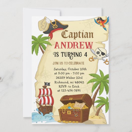 Invitation Thème pirate personnalisé pour l'anniversaire d'un (Devant)