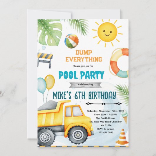 Invitation thème piscine de construction mignonne (Devant)
