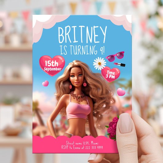 Invitation Thème poupée rose modifiable Anniversaire