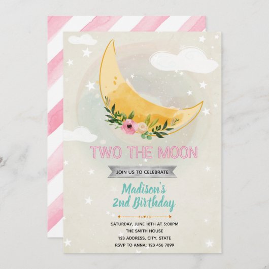 Invitation thème pour fille sous la lune (Devant / Derrière)