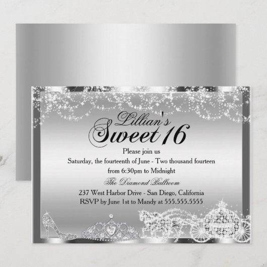 Invitation thème Princesse Silver Sparkle pour Swe (Devant / Derrière)