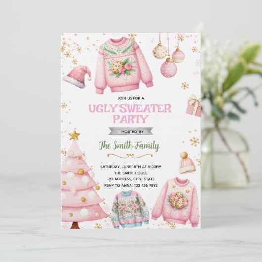 Invitation thème pull moche rose (Debout devant)