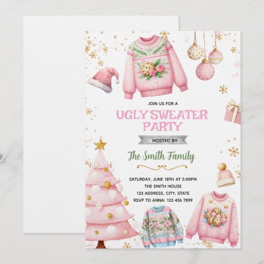 Invitation thème pull moche rose (Devant / Derrière)