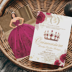 Invitation Thème Quinceanera Rouge Tiara Floral Photo Anniver
