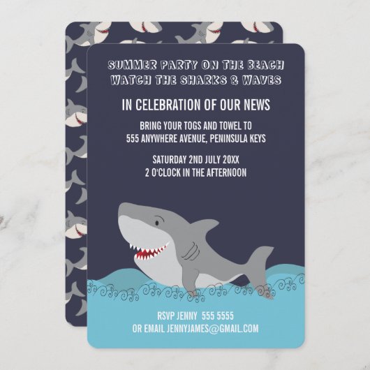 Invitation Thème requin mignon été plage fête océan (Devant / Derrière)