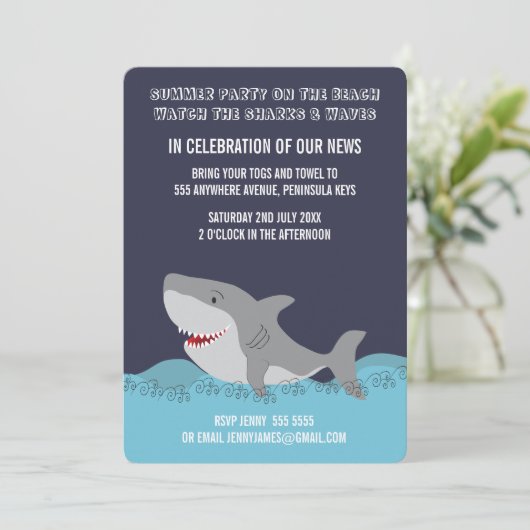 Invitation Thème requin mignon été plage fête océan (Debout devant)