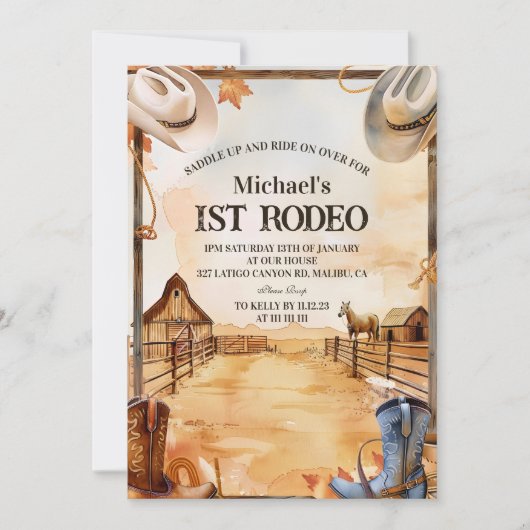 Invitation Thème Rodéo Cowboy Rustique pour 1er Anniversaire (Devant)
