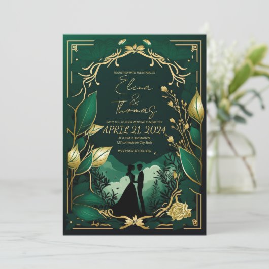 Invitation Thème romantique en Vert et Or. (Debout devant)