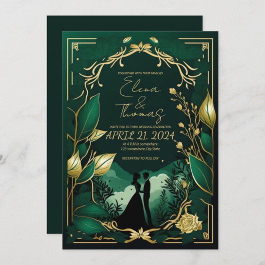 Invitation Thème romantique en Vert et Or. (Devant / Derrière)