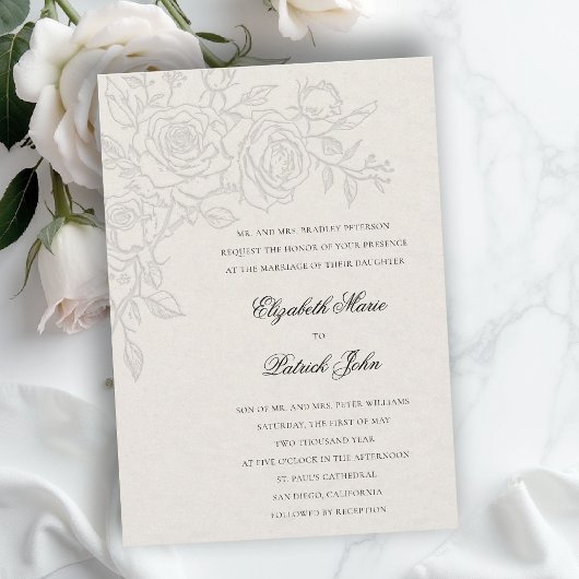 Invitation Thème Rose Aimé Ecru Formel Mariage Classique