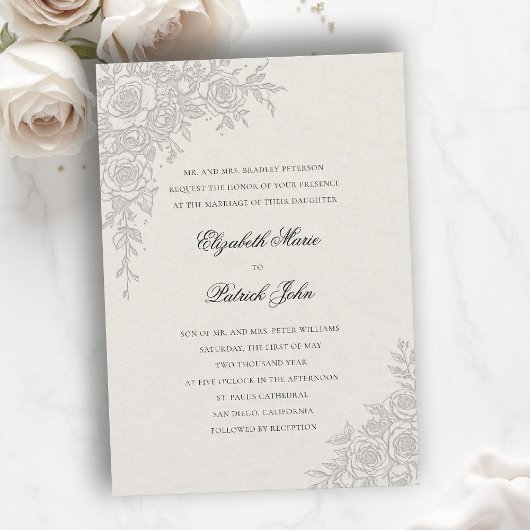 Invitation Thème Rose Élégant Écru Mariage Formel Classique