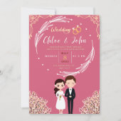 Invitation Thème rose et or de Kawaii de Chibi Couple Mariage (Devant)