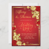 Invitation Thème rose Floral Rouge Et Mariage Or (Devant)