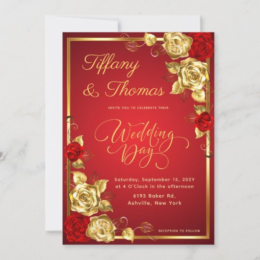 Invitation Thème rose Floral Rouge Et Mariage Or (Devant)