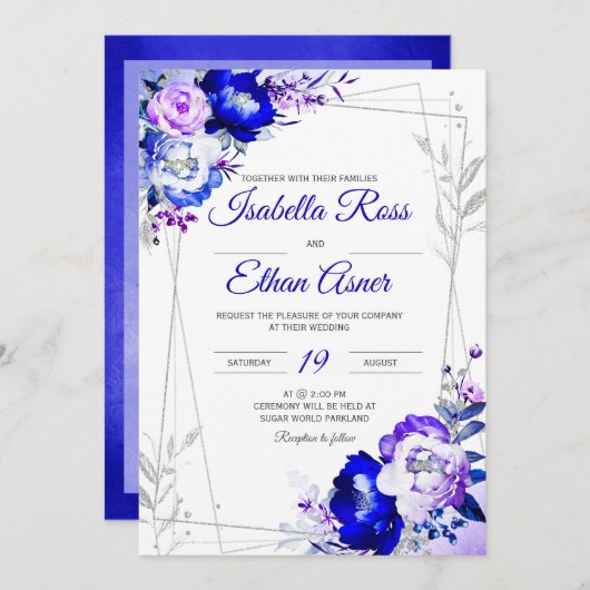 Invitation Thème Royal Blue and Purple Mariage (Devant / Derrière)