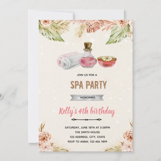 Invitation thème spa fleurs bohème (Devant)