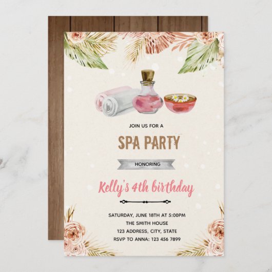 Invitation thème spa fleurs boho (Devant / Derrière)