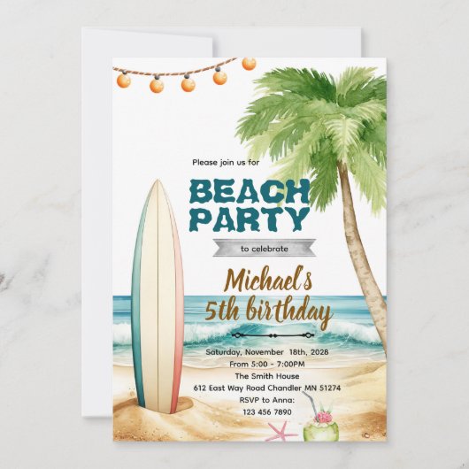Invitation thème surf de plage (Devant)