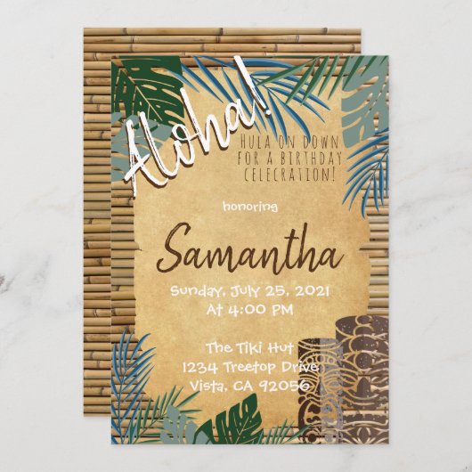 Invitation Thème Tiki ambiance île de bambou hawaïen Vert Ble (Devant / Derrière)