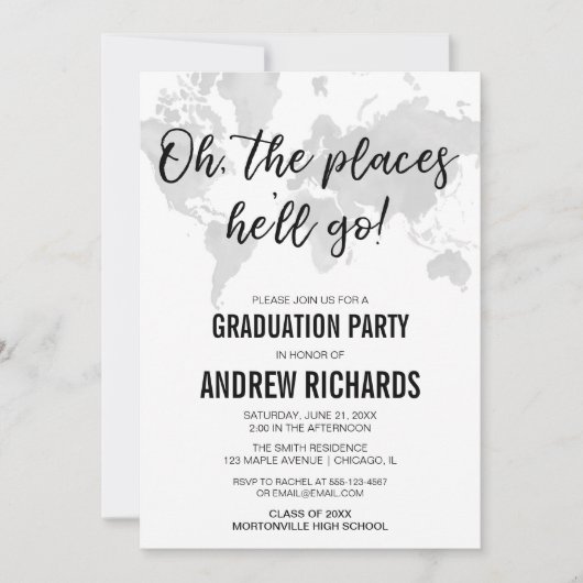 Invitation Thème Voyage Oh les endroits où il va aller gradua (Devant)