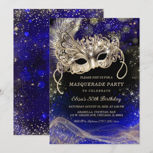 Invitation Thèmes Or Bleu Éditable pour Soirée Masquée (Devant / Derrière)