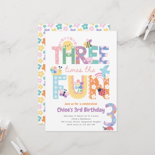 Invitation Third Birthday Invite Girl, Three Times the Fun (Devant/Arrière en situation)