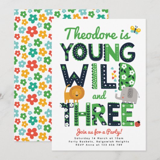 Invitation Third Birthday Invite, Young, Wild and Three Boys (Devant / Derrière)
