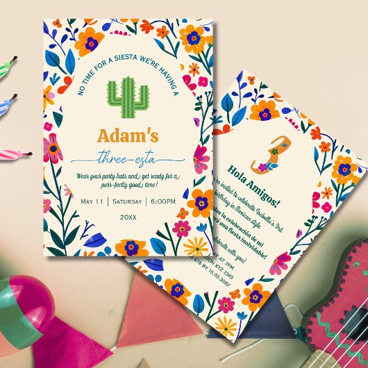 Invitation Third Birthday Mexican floral cactus - Three-esta 