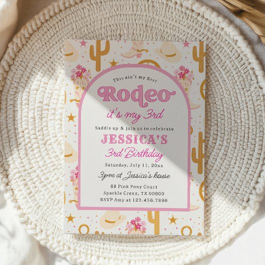 Invitation Third Rodeo Wild West Cowgirl Pink 3rd Birthday
