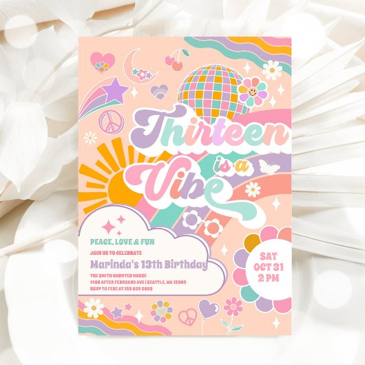 Invitation Thirteen Is A Vibe Sun Rainbow Disco 13th Birthday
